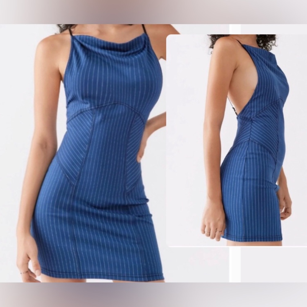 Urban Outfitters Urban Women’s Small Complex High Neck Mini Dress Pinstripe Blue